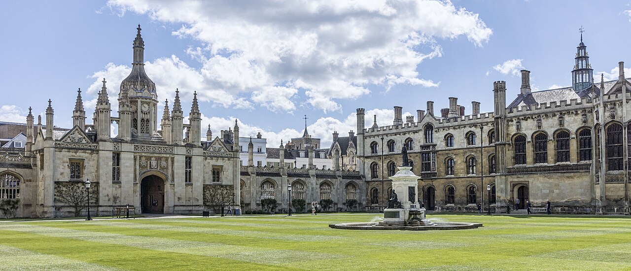The Front Court of King’s College Cambridge with historic college buildings and lawn
